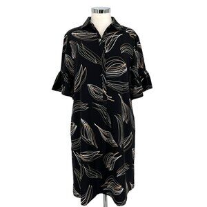 Chicos Leaf Print Shirt Dress Black Beige Size 8 US